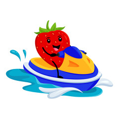 Cartoon strawberry berry fruit character riding water bike on summer holidays. Isolated vector vitamin food personage indulging in outdoor recreation at sea unwinding by ocean during tropical vacation