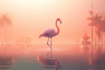 Fototapeta na wymiar a pink flamingo standing in the water with its head in the air and its legs in the water, with palm trees in the background. generative ai