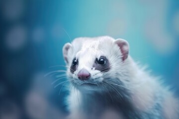 Fototapeta na wymiar a white ferret with a blue background and a blurry image of the ferret's face is shown in the foreground. generative ai