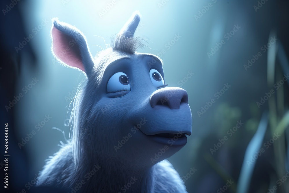 Poster a close up of a goat with a light shining on it's face and a blurry background behind it, with a blu