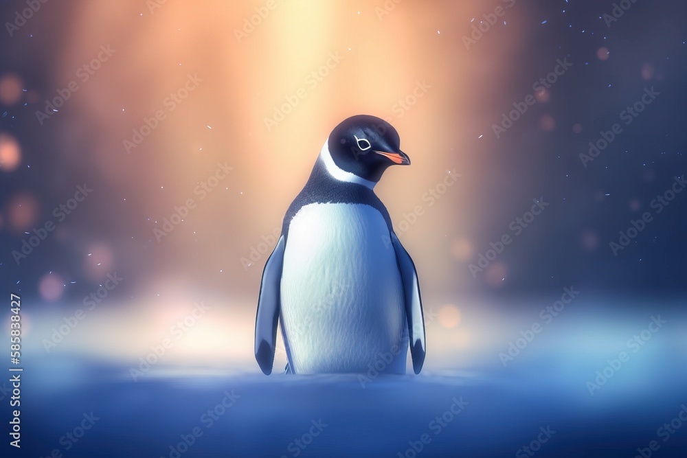 Poster a penguin is standing in the water with a bright light in the back ground behind it and a blurry bac