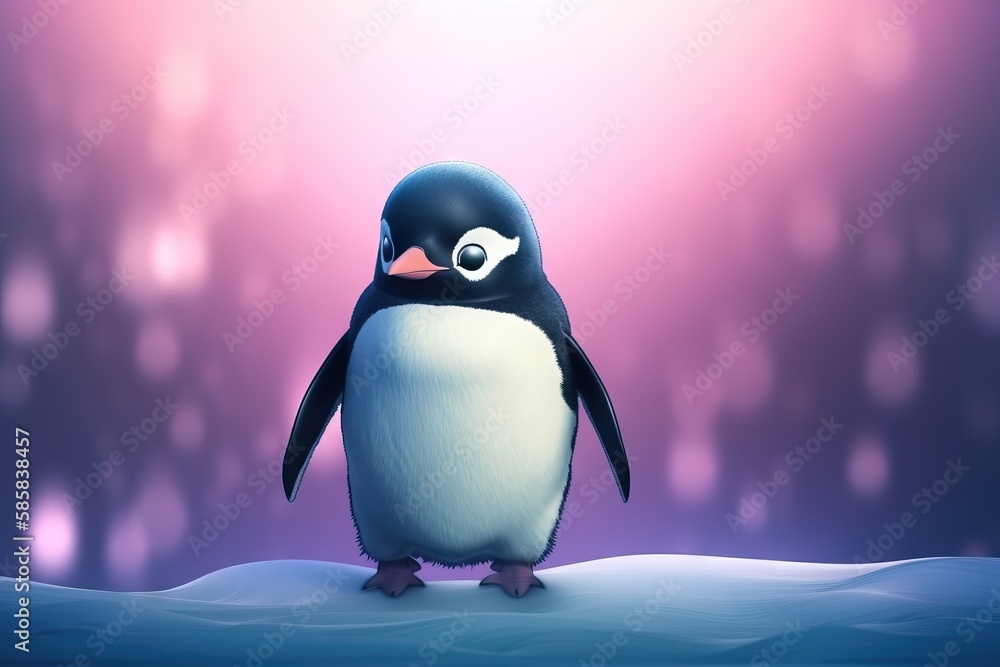 Poster a penguin standing in the snow in front of a cityscape with a bright light in the background and a b