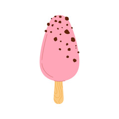 Ice cream coated by pink glaze, popsicle with chocolate sprinkles on stick. Vector ice-cream yummy refreshing dessert. Fastfood snack, icecream summer food