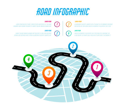 Road infographic, vector map timeline template with banner route lone, navigation pins and information. Automobile trip or journey with stops at important places. Additional data about destinations