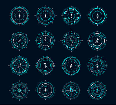 HUD compass, futuristic vector set of optical round aiming, sci-fi spaceship dashboard neon glowing elements. Aim control panel or navigation interface. Modern techno display, digital focus indication