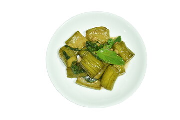 stir fried slice long green eggplant with basil on plate 