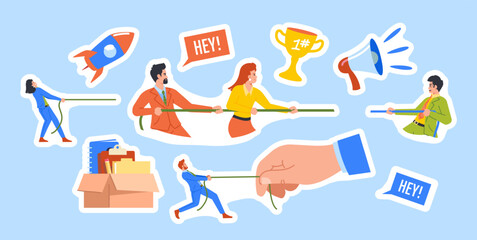 Set of Stickers Business Characters Team Playing Tug-of-war or Rope-pulling Game Against Huge Boss Hand Patches