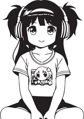 Anime little girl listening to music with headphones