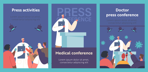 Medical Press Conference Cartoon Banners. Man Doctor On Tribune Speaking To Audience, Making Report About Health