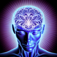 Obraz premium Man with brain waves, spirituality, meditation and frequency healing, power of consciousness, generative AI
