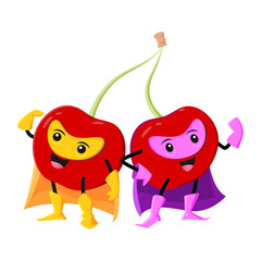 Cartoon cherry berry superhero or defender characters. Vector merry twin cherries super hero personages joined with stem. Isolated fruits in cape, boots, gloves and mask. Funny healthy vitamin food