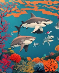 Obraz na płótnie Canvas Shark Paper Art, Colorful Craft, Ocean Fantasy Generative AI