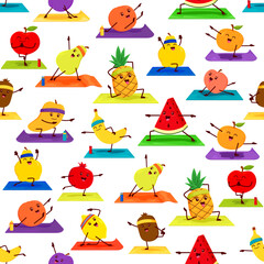 Obraz premium Fruit characters on yoga seamless pattern. Vector background with cheerful apple, pear, watermelon, kiwi, banana, pineapple and plum with garnet personages stretching, squatting and exercising on mats