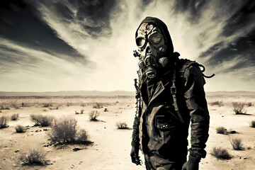 Military man in gas mask for chemical protection, apocalyptic desert background. Nuclear pollution, environmental disaster concept. Futuristic post apocalypse stalker soldier, male face portrait - obrazy, fototapety, plakaty