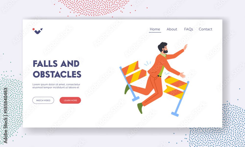 Poster falls and obstacles landing page template. businessman character tripping over an obstacle while rac