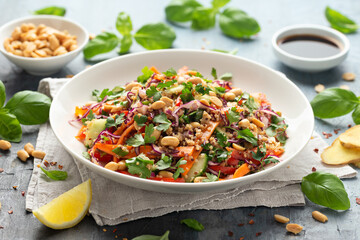 Asian Quinoa salad with fresh vegetables, peanuts and herbs. Healthy food.