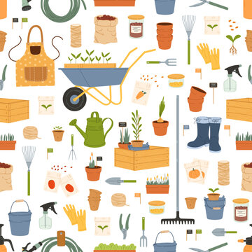 Farm and gardening tools seamless pattern. Agriculture vector background with garden plants and farming equipment. Cartoon flowers, rake and wheelbarrow, boots, gloves, watering can and hose backdrop