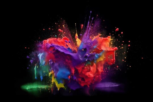 Colourful paint splashes in the shape of a love heart, Coloured powder explosion. Paint holi, Mix rainbow splash on isolated black background - Generative AI Illustration © Robert Goodall