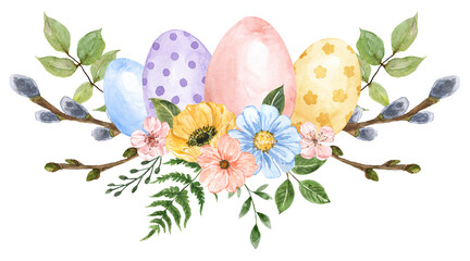 Pretty floral arrangement with colored easter eggs. Watercolor holiday wreath with cute spring flowers.