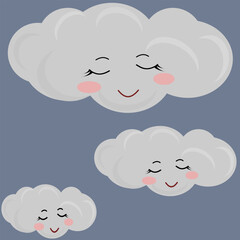 Cartoon clouds sleeping smile happy face isolated in blue sky vector collection. white cloud illustration. 