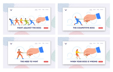 Fight against the Boss Landing Page Template Set. Business Characters Competes Against Huge Boss In Game Of Tug-of-war