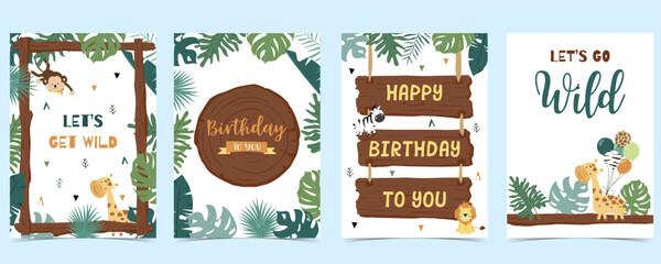 Wood frame collection of safari background set.Editable vector illustration for birthday invitation,postcard and sticker © piixypeach