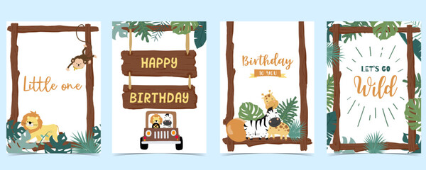 Wood frame collection of safari background set.Editable vector illustration for birthday invitation,postcard and sticker © piixypeach