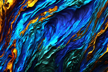 Abstract liquid blue dark background. Pattern with abstract frozen, gold and dark waves. Marble.