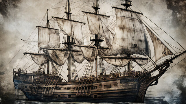 vintage wooden sailing ship, antique maritime vessel, high-resolution image, generative AI