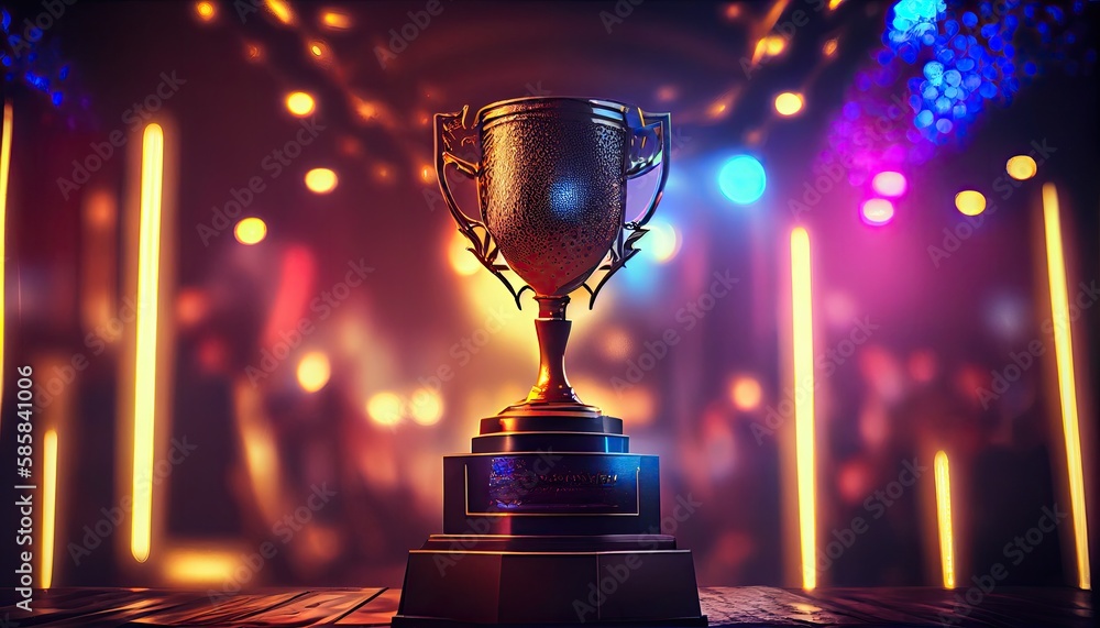 Poster winner trophy on a stage at studio illuminated by neon lights with blurred background. generate ai.