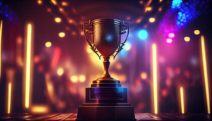 Winner trophy on a stage at studio illuminated by neon lights with blurred background. Generate Ai.