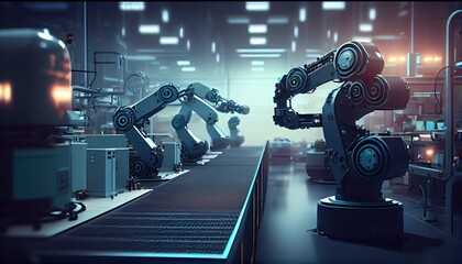 Automated robotics futuristic electric robot factory production line. Generate Ai.