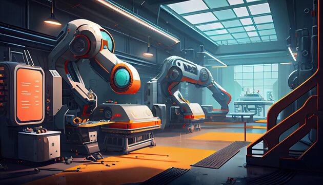 Automated robotics futuristic electric robot factory production line. Generate Ai.
