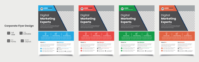 Corporate business flyer template design set, a bundle of 4 templates of different colors a4 flyer template, Digital marketing agency flyer design bundle, vector illustration template in A4 size .