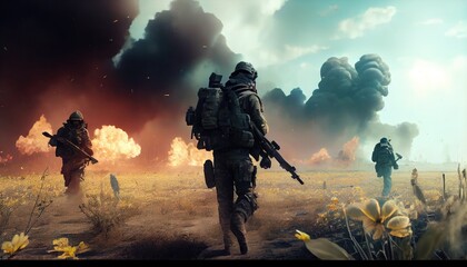 Obraz na płótnie Canvas Military special forces soldiers crosses destroyed warzone through fire and smoke in a spring flower field Generate Ai.