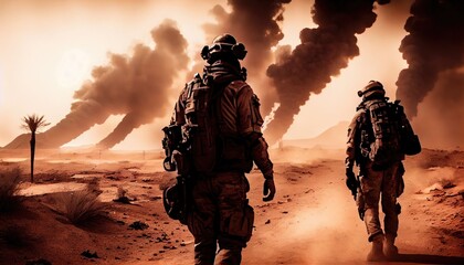 Military special forces soldiers crosses destroyed warzone through fire and smoke in the desert. Generate Ai.