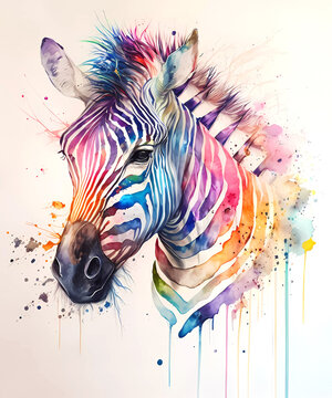 Watercolor zebra portrait, colorful painting. Rainbow nimal illustration. Created with Generative AI technology.