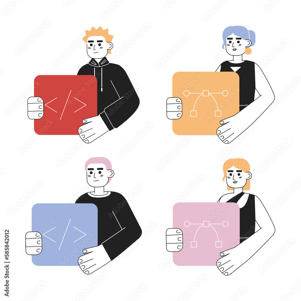 Poster web development careers line concept vector spot illustration pack. editable 2d flat cartoon charact