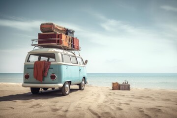 Retro vehicle with luggage and luggage on roof fully packed for summer holiday. Generative AI