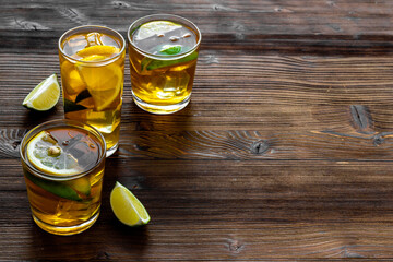 Alcoholic cocktails set with oganges and ice. Alcoholic drinks background