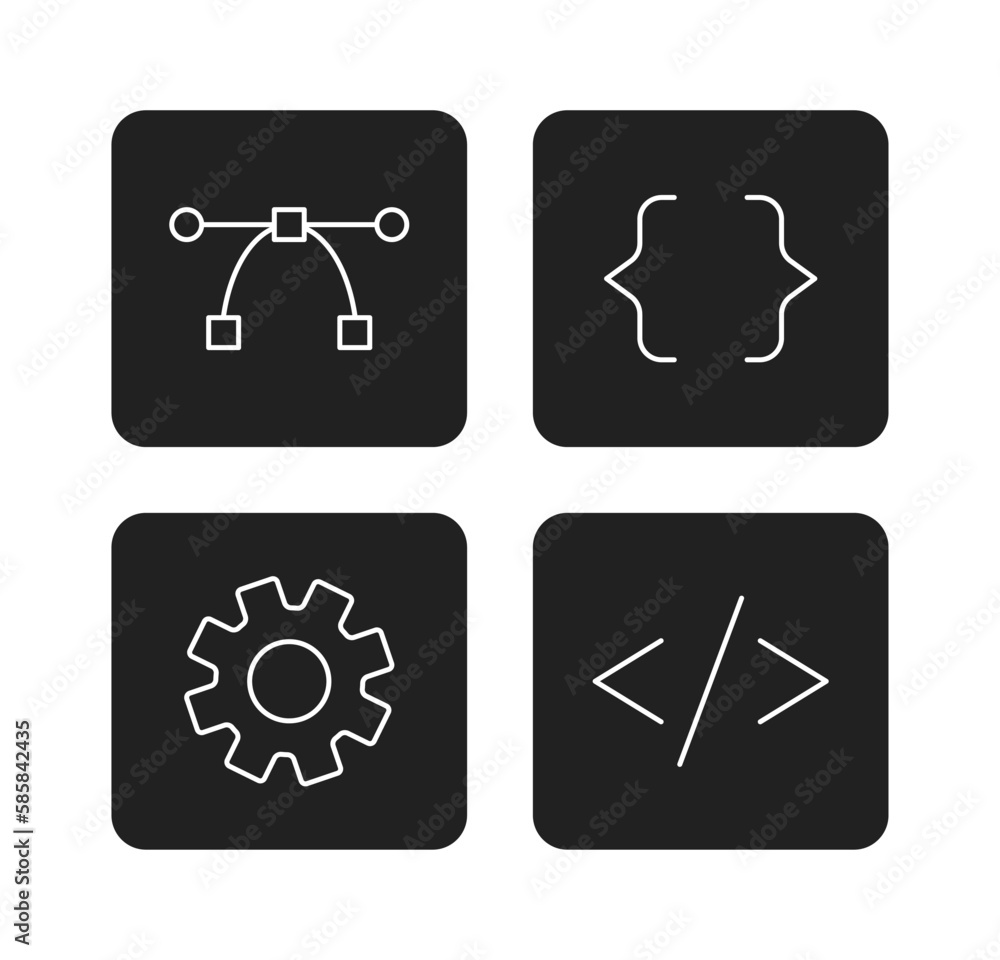 Poster website, app development buttons monochrome flat vector icons pack. editable full sized black and wh