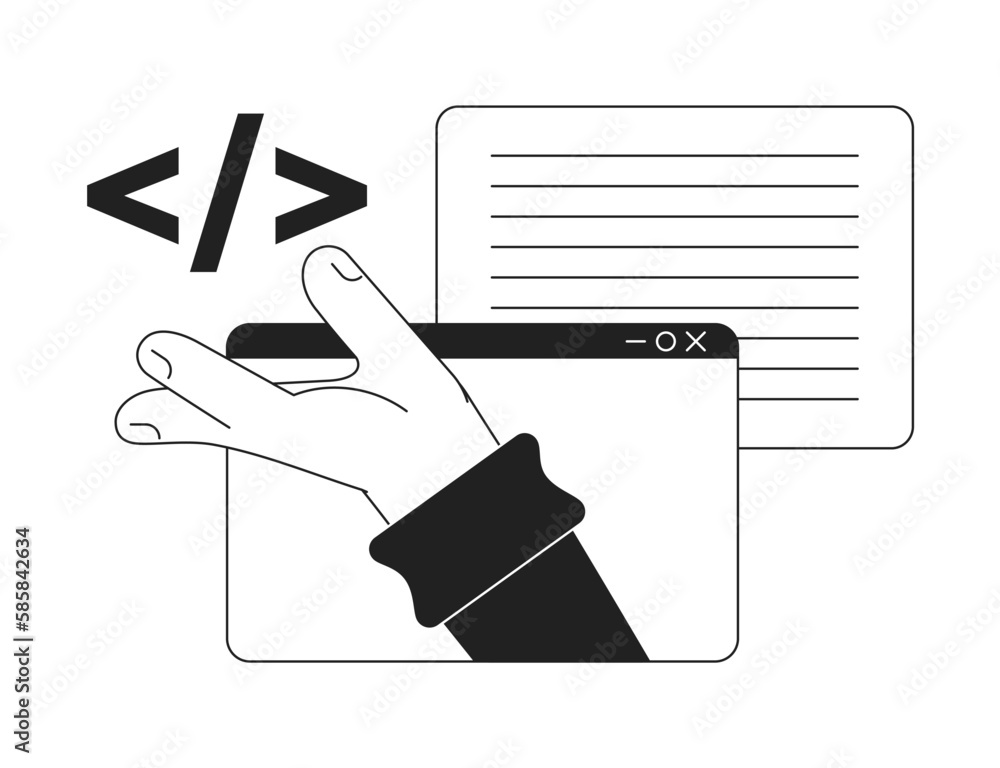 Poster creating website script black and white concept vector spot illustration. editable 2d flat monochrom