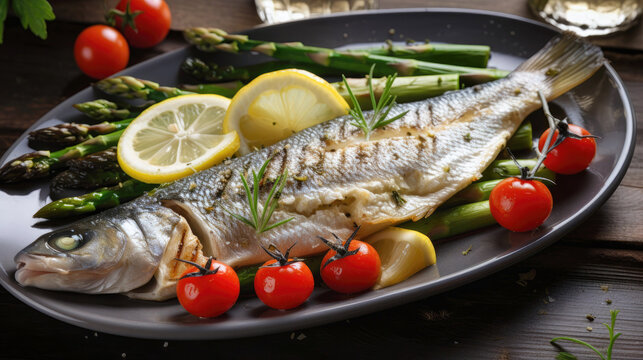 Grilled fish with lemon and herbs, served with roasted asparagus and cherry tomatoes - Generative AI