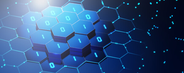 Abstract background. Digital background. Technological background. Binary code on hexagons Neural network concept. 3D rendering.