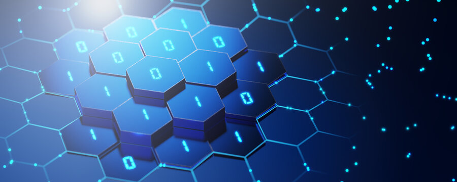 Abstract background. Digital background. Technological background. Binary code on hexagons Neural network concept. 3D rendering.