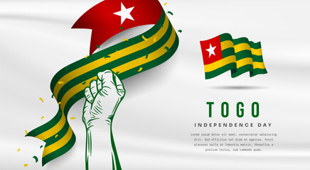 Banner illustration of Togo independence day celebration with text space. Waving flag and hands clenched. Vector illustration.