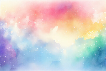 Pastel rainbow space background with clouds and sparkling stars, watercolor galaxy. Generative AI