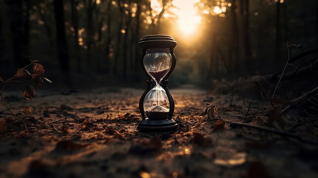 hourglass in the forest. Warm sunset atumn setting (created by Generative AI