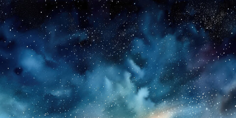 Watercolor dark blue sky color background with cloud and sparkling, galaxy, universe. Generative AI