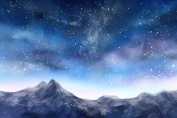 Fototapeta na wymiar Watercolor blue sky color background with cloud and sparkling and mountain, galaxy, universe. Generative AI